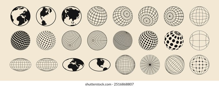 Ícone do mundo globo. Mapa da educação. Modelo de silhueta da terra. Modelo de grade orgânica. Fronteira oceânica e continental. Sinal de geografia e ciência. Aplicativo global de logística. Cartografia ECO. Conjunto de símbolos de planeta para lixo vetorial