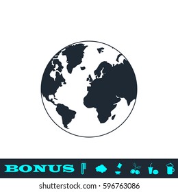 Globe world icon flat. Black pictogram on white background. Vector illustration symbol and bonus button