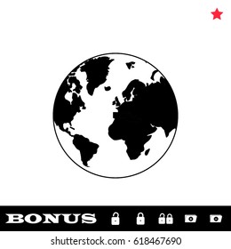 Globe world icon flat. Black pictogram on white background. Vector illustration symbol and bonus button open and closed lock, folder, star