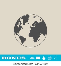Globe world icon flat. Grey pictogram on light background. Vector illustration symbol and bonus button real estate, ottoman, vase, tv, fishing rod