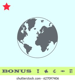 Globe world icon flat. Grey pictogram on blue background. Vector illustration symbol and bonus buttons medal, cow, earth, eye, calculator