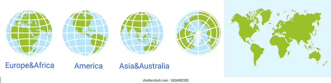 icono del mundo globo. mapa del mundo. Globo de Asia Australia, Europa, África, Norteamérica, Sudamérica. Ilustración vectorial. mapa de la tierra con paralelos y meridianos