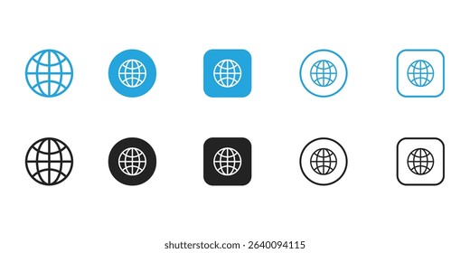 globe world icon set flat line outline blue black vector