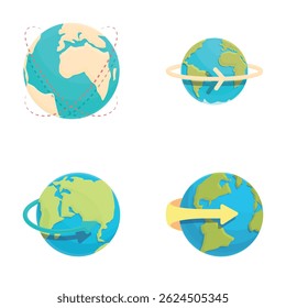 Globe world icons set cartoon vector. Passenger plane flies around earth. Travel around world