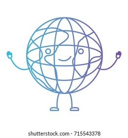 globe world kawaii caricature with open arms standing in color gradient silhouette from purple to blue vector illustration