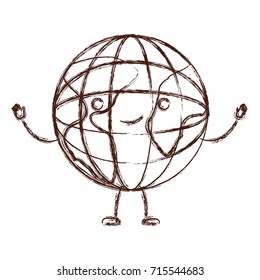 globe world kawaii caricature with open arms standing in blurred brown color contour vector illustration
