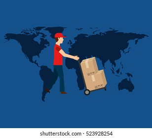 globe world man delivery pushing boxes vector illustration eps 10