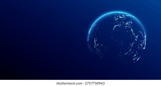 Globe world map. Globe Ai earth planet with continents blue background. Round countries dots technology and science banner. Artificial Intelligence futuristic sphere of night earth vector design.