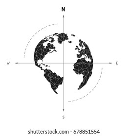 Globe world map compass arrow nautical travel. America, Europe, Atlantic Ocean Lowpoly triangular. Vector illustration. White background. Eps10.