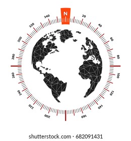 Globe world map compass nautical travel. Scale is 360 degrees. North designation. America, Europe, Atlantic Ocean. Lowpoly triangular. Vector illustration. White background. Eps10.