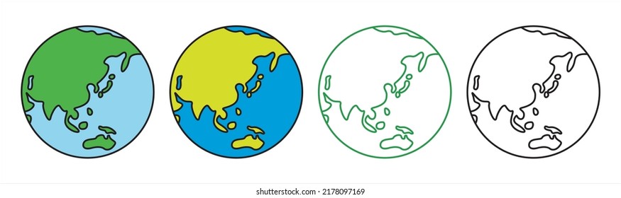 Globe. World Map. Earth. Line Art Vector. Icon. Centered On Asia.