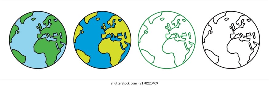 Globe. world map. Earth. Line art vector. icon. Centered on UK.