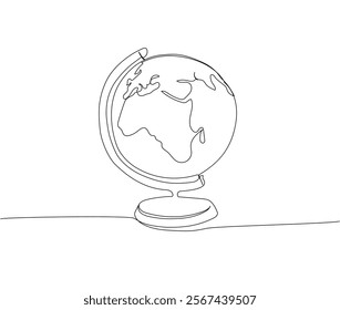 Globe, world map, geography, study, student life, school one line art. Continuous line drawing of knowledge, cognition, school, education.