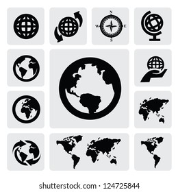 Globe and world map icons on gray