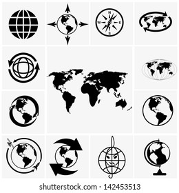 Globe and world map icons on gray