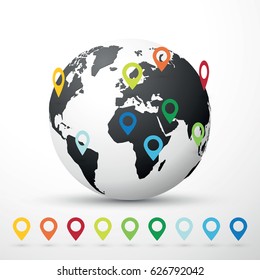 globe world map illustration with map pin pointer location