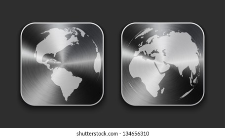 Globe and world map on brushed metal app icons. Vector illustration