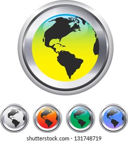 Globe and world map on metallic circle elements. Vector illustration