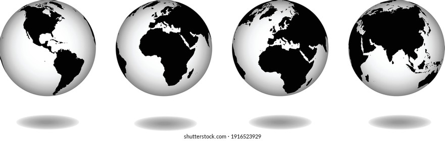 Globe World Map, Perspective From America, Africa, Europe And Asia 