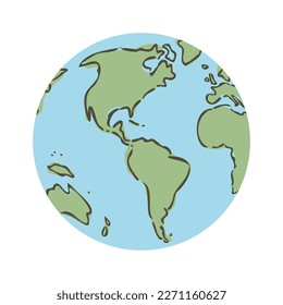 Globe world map. Planet earth flat vector illustration. Doodle map with continents and oceans.