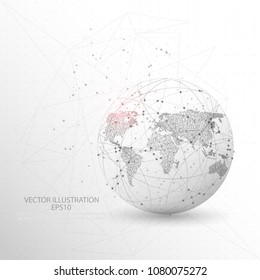 Globe World Map Shape Point, Line And Composition Digitally Drawn In The Form Of Broken A Part Triangle Shape And Scattered Dots Low Poly Wire Frame On White Background.