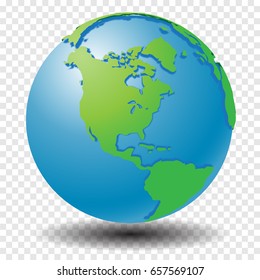 Globe with world map, show America region with smooth vector shadows on transparency grid - vector illustration