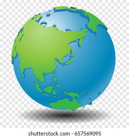 Globe with world map, show Asia region with smooth vector shadows on transparency grid - vector illustration