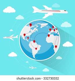 Globe World Map Travel Vacation Trip Booking Air Plane Flight Flat Vector Illustration