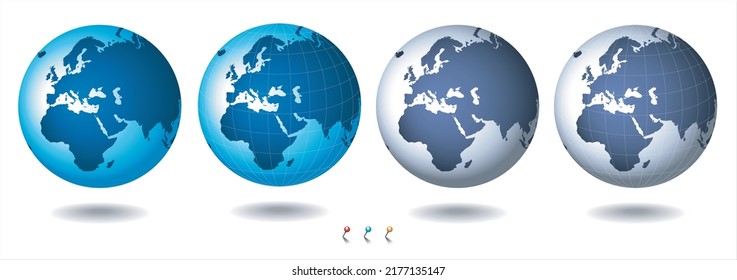 Mapa mundial de globos, vector. Centrado en Ucrania.