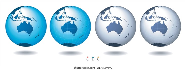 Mapa mundial de globos, vector. Centrado en Australia.