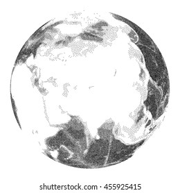 Globe with world ocean relief - vector stippled illustration. Views of Asia