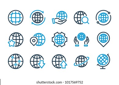 Globe And World Related Line Icons. Planet And Worldwide Network Vector Icon Set.