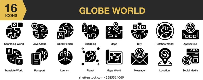 Globe World solid icon set. Includes world, earth, globe, planet, global, and More. Solid icons vector collection.