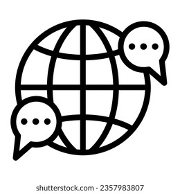 Globe, Welt, Sprachblase, Dialogzeilensymbol, Kommunikationskonzept, weltweites Vektorzeichen auf weißem Hintergrund, Umrisssymbol für mobiles Konzept und Webdesign. Vektorgrafik