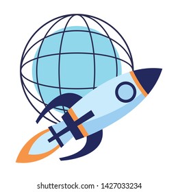 globe world sphere and rocket with fire in the back size icon cartoon
