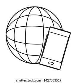 globe world sphere and smartphone icon cartoon in black and white vector illustration graphic design