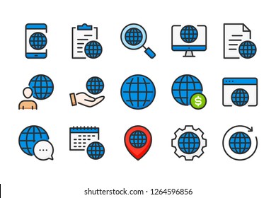 Globe and Worldwide Network color line icons. Earth and planet vector linear colorful icon set. Isolated icon collection on white background.
