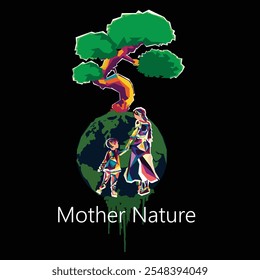 Globe WPAP tree with mother and child on black background. Lettering "Mother Nature". Earth Day, Mother Day, save nature concept.