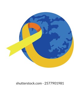 Globe wrapped with a yellow ribbon representing global cancer awareness
