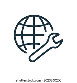 Globe and Wrench Line Icon. Network Settings Linear Pictogram. Internet Settings Outline Icon. Editable Stroke. Isolated Vector Illustration.