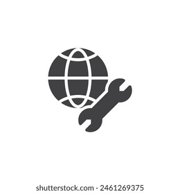 Globe and wrench vector icon. filled flat sign for mobile concept and web design. Network Maintenance glyph icon. Symbol, logo illustration. Vector graphics