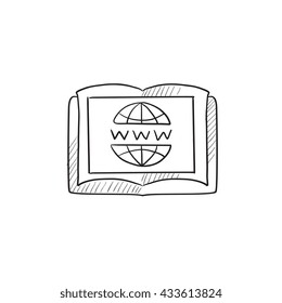 Globe with www letters drawn in book vector sketch icon isolated on background. Hand drawn International education technology icon. International education sketch icon for infographic, website or app.