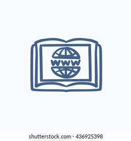 Globe with www letters drawn in book vector sketch icon isolated on background. Hand drawn International education technology icon. International education sketch icon for infographic, website or app.