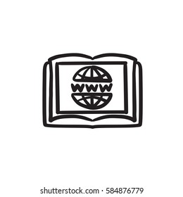 Globe with www letters drawn in book vector sketch icon isolated on background. Hand drawn International education technology icon. International education sketch icon for infographic, website or app.