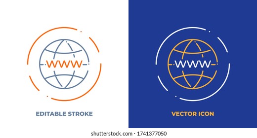 Globe with www on it line art vector icon with editable stroke. Outline symbol of internet. Network technology pictogram made of thin stroke. Isolated on background.