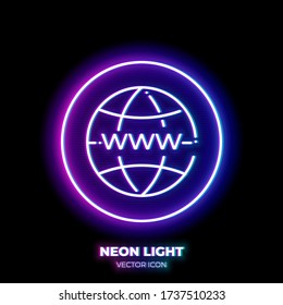 Globe with www on it neon light line art vector icon. Outline symbol of internet. Network technology pictogram made of thin stroke. Isolated on background.