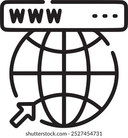 Globe mit www, die globale Internet-oder Web-Zugang. Globus mit dem Symbol "www", das das globale Internet, den Internetzugang und die Online-Konnektivität darstellt.