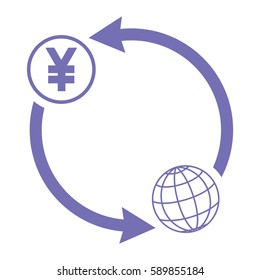 Globe yen  icon , earth planet with arrows. Money transfers. Global economy icon,