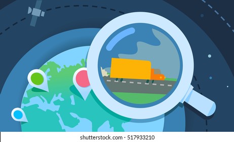 Globe zoom. Earth with magnifying glass search. Searching place. Flat design. Illustration looking place.