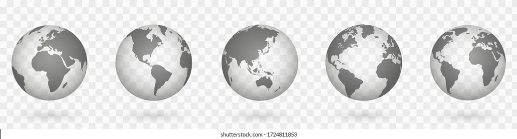 Globes of Earth 3D set. Realistic world map in globe shape. World maps realistic with shadow on transparent background - stock vector.